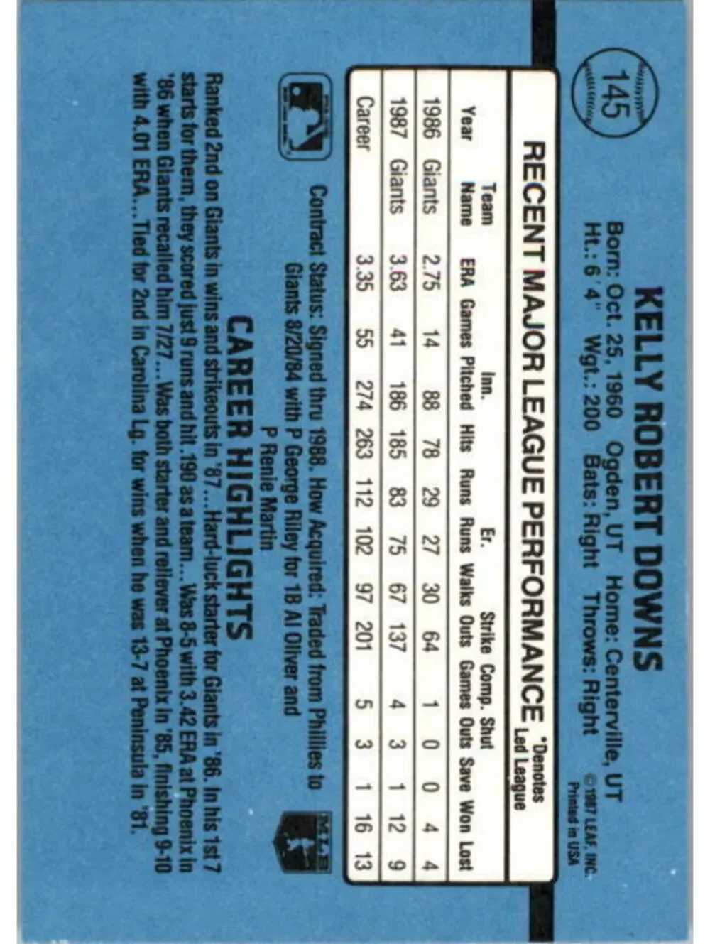 1988 Kelly Downs Donruss Baseball Card #145
